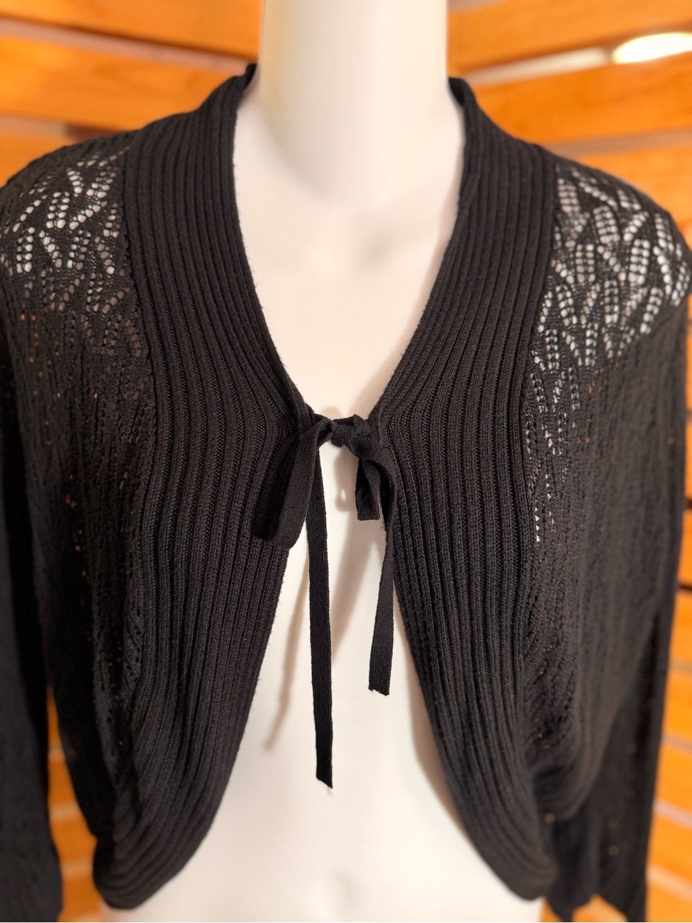 Black Tie-Front Open Knit Women's Cardigan Shrug - Picture 3 of 8